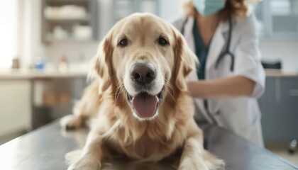 Golden retriever dog being examined by a vet at the clinic.
