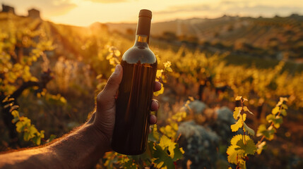 Hand holding a bottle of wine in a vineyard at sunset, evoking a sense of harvest and celebration.
