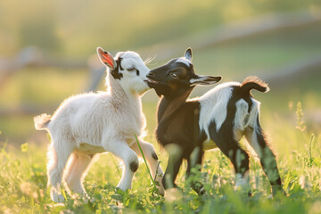 Obraz premium Two playful goat kids, one white and one black, nuzzling each other in a sunlit field, capturing a moment of innocent friendship and joy.