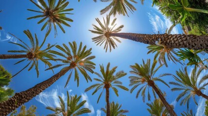 Fototapeta premium Blue sky and palm trees view from below