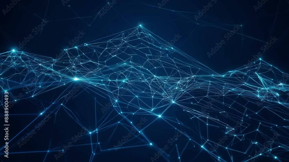 Poster This Abstract network of connected lines and glowing points on dark blue background.