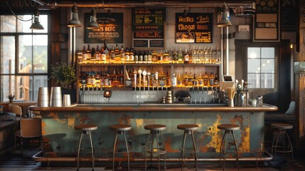 A warm, authentic bar seen from the front in warm light. The counter is made of zinc, with stools in the foreground and bottles of craft beer in the background. Generative AI.
