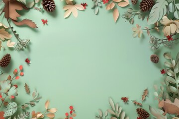 Obraz premium Dynamic Paper Cut Background of Pinecones and Foliage Perfect for Holiday Cards and Posters