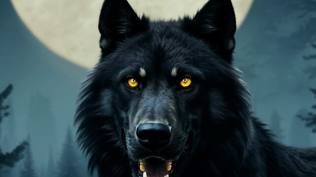 Fierce black wolf growling at night with full moon