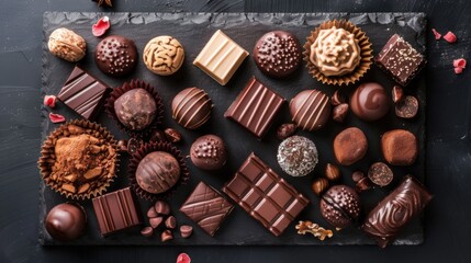 Indulgent Chocolate Assortment Flat Lay Featuring Truffles and Bars on Black Slate Board