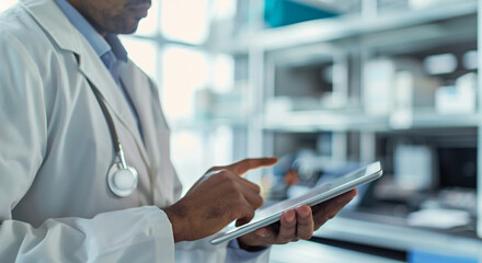 Image of medical data processing over biracial male scientist using digital tablet at laboratory. Medical research and science technology concept
