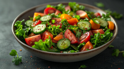 The image is of a bowl of salad with cucumbers, red and yellow tomatoes, and greens