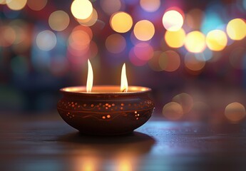 Celebrate Indian Holiday Diwali with candles lights and flowers. AI Generative.