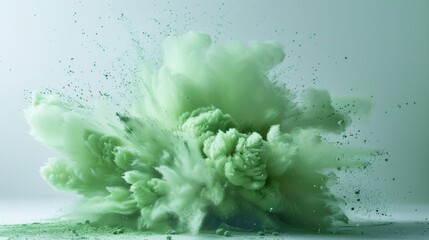 Green powder explosion frozen on white surface
