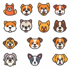 Naklejka premium Cute dog icon set, pet animal flat symbols, puppy icons silhouettes, funny dog character pictogram