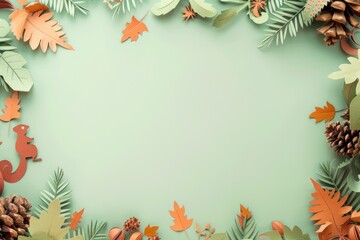 Obraz premium Autumn Paper Cut Pinecones and Leaves Background for Seasonal Design and Holiday Greeting Cards