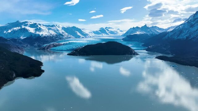 Grey Glacial At Torres Del Paine Puerto Natales Chile. Aerial View Of Massive Glacier Calves Into A Lagoon Of Icy Water. Outdoor Travel Destinations Patagonia Glacier. Outdoorabove View.