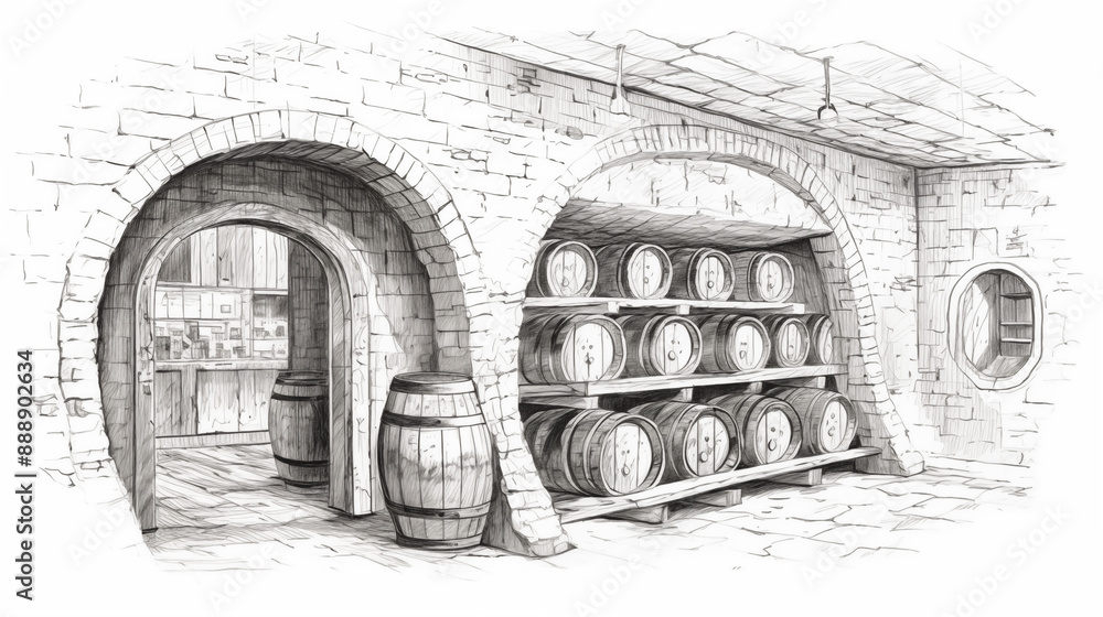 Wall mural wine underground storage. whiskey in barrels in cellar. wine production in sketch style. hand drawin