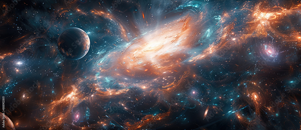 Aufkleber The magnificent universe, where two rotating planets collide, creating clusters of various shapes, stars surging, jets, explosions, shattering, enchanting, and endless universes. Generative AI.