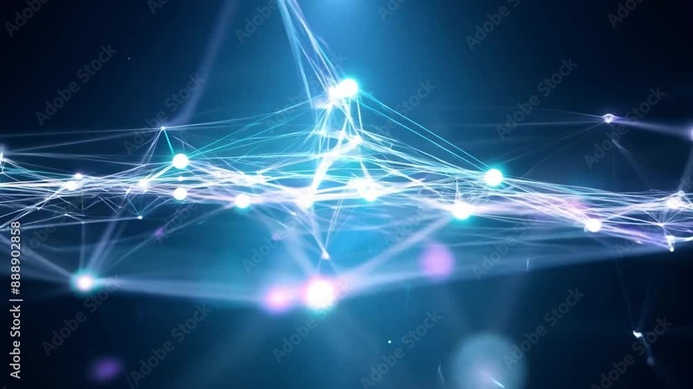 Poster This Glowing white lines and nodes create an abstract network on a blue background.