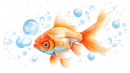 Fototapeta premium A goldfish swimming in a sea of bubbles. The bubbles are scattered all over the image, creating a sense of movement and playfulness. The fish appears to be enjoying its time in the water