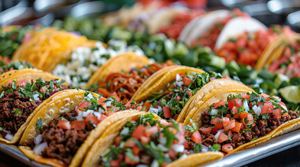 Fototapeta premium A platter of colorful tacos with various fillings and toppings. Generative AI.