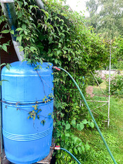 water collection tank under a roof with a drain. Rain water harvesting architecture.