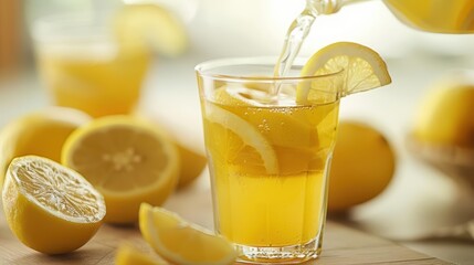 Refreshing lemonade being poured into a glass with ice and lemon slices.