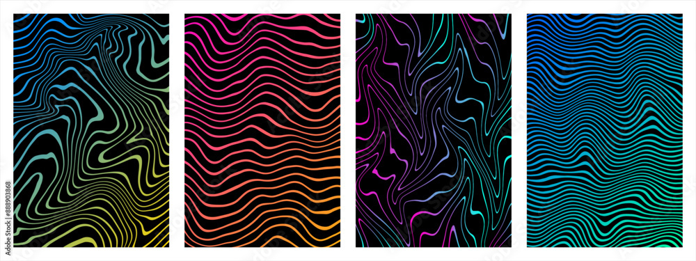 Poster hand drawn trendy groovy backgrounds, rectangle patterns set. gradient colorful marble stains stripe