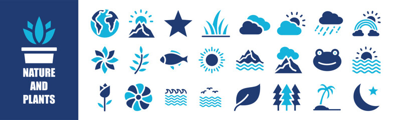 Nature and Plants icon collection set. Containing design, nature, plant, leaf, green, natural,and more. Solid vector icons collection.	