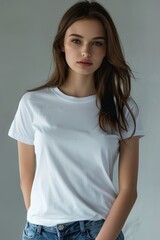 Fototapeta premium White tshirt mockup on woman model created with Generative AI