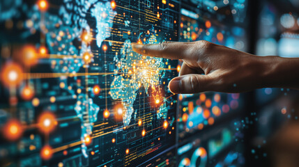 Hand touching futuristic digital world map with glowing connection points. Concept of global technology, data networking, and digital transformation