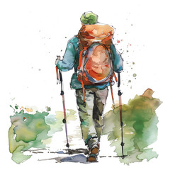 Watercolor illustration of a lone hiker with trekking poles.