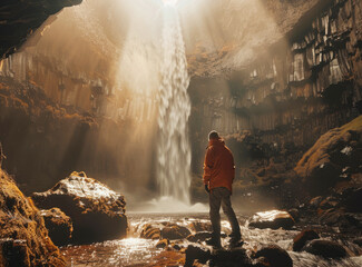 Obraz premium An adventurer tourist standing under a misty waterfall, rays of light breaking through water and rock.