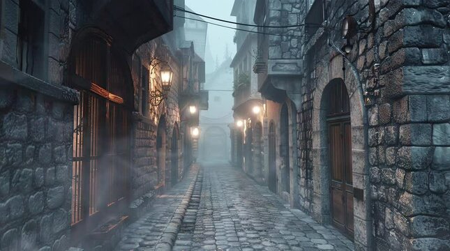 Misty glowing street illuminated by soft light with medieval block houses lining the way, creating an enchanting and atmospheric sce Seamless looping 4k time-lapse virtual video animation Generated AI