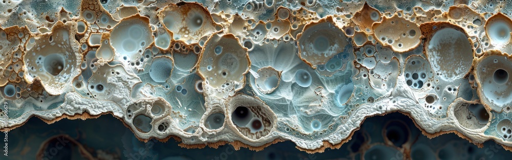 Poster a detailed view of a blue agate stone with multiple layers and intricate patterns