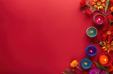 Obraz premium Traditional Indian floral garland toran made of marigold flowers and mango leaves on bright red background. Happy Diwali festival, Pongal or Gudi Padwa. Decoration for Indian hindu holidays, wedding