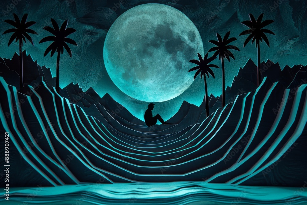Poster full moon over a tropical forest with palm trees creating a mystical and enchanting night scene