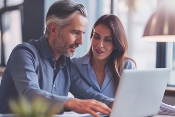 Fototapeta premium Businessman and woman working together on laptop in the office. The man is showing documents, using the computer for a meeting presentation. mature businesspeople discussing a project at a work desk.