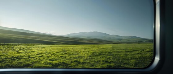 Scenic view of a green field and rolling hills seen from a train window.