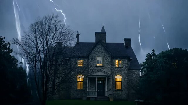 Lightning strikes near haunted manor during intense nighttime storm