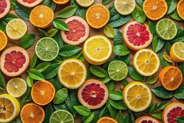 Vibrant arrangement of sliced oranges, lemons, and grapefruits amidst lush green leaves forms a seamless pattern, showcasing the beauty of colorful citrus fruits.