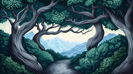 Detailed drawing of a mystical forest from a fantasy novel, with enchanted trees, mythical creatures, and hidden pathways, capturing a magical tale