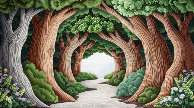 Detailed drawing of a mystical forest from a fantasy novel, with enchanted trees, mythical creatures, and hidden pathways, capturing a magical tale
