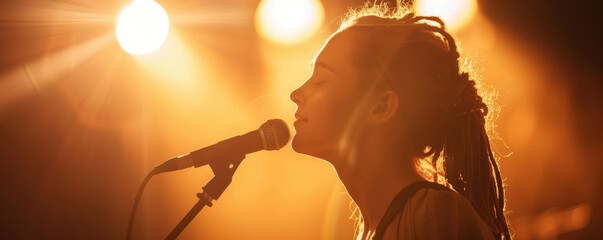 Silhouette of a female singer performing on stage with microphone in hand