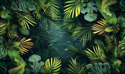 a jungle background with a border made of vibrant tropical leaves, creating a lush and exotic backdrop with ample copy space for text or graphics.