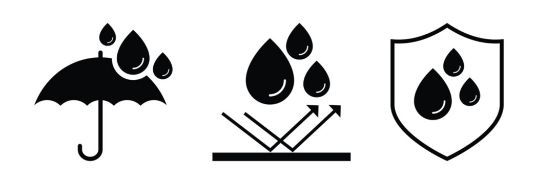 waterproof icons. water resistant signs. liquid protection. transparent png and vector illustration.