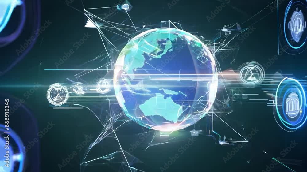 Poster This digital globe with a futuristic interface and light effects in a dark background.