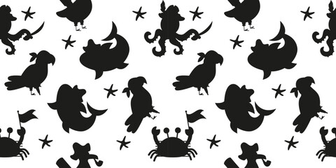 Seamless pattern silhouette characters pirate octopus parrot shark crab skull