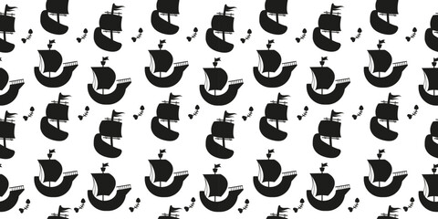Pirate silhouette ship seamless pattern in flat design