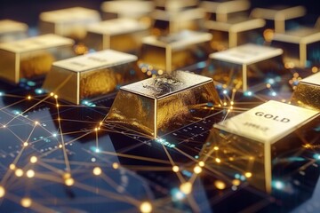 A UHD image presents a striking visual of gold ingots placed upon a sophisticated technological financial graph, emphasizing the interplay between traditional and modern financial instruments.