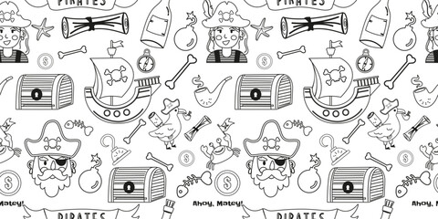 Pirate outline elements seamless pattern in flat