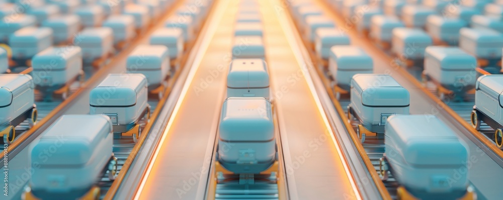 Poster abstract image of automated warehouse robots efficiently organizing packages, highlighting modern lo