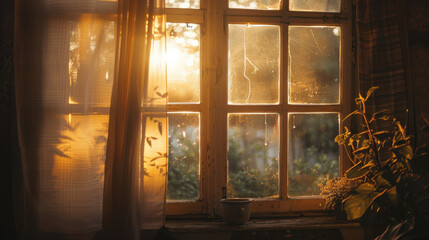 Warm evening sunlight streaming through a window, casting a cozy glow inside