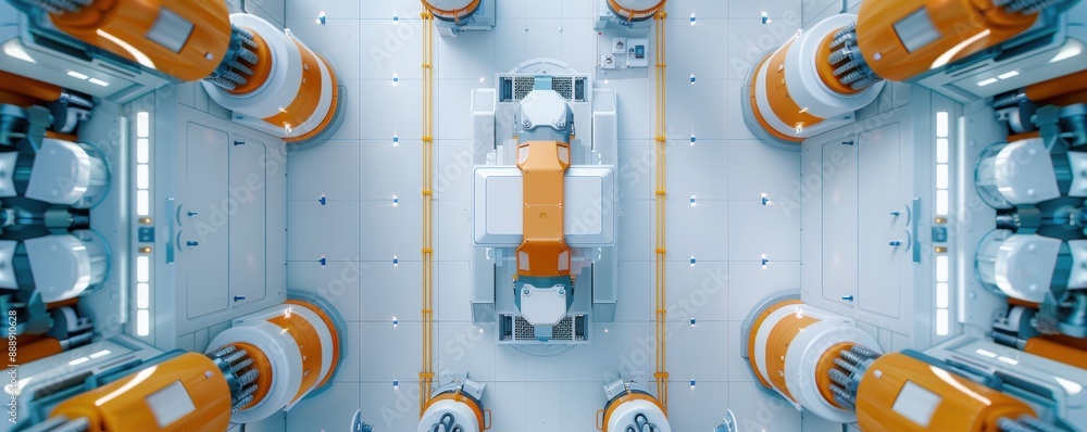 Poster futuristic robotic machinery in a high-tech industrial setting, featuring advanced engineering, auto